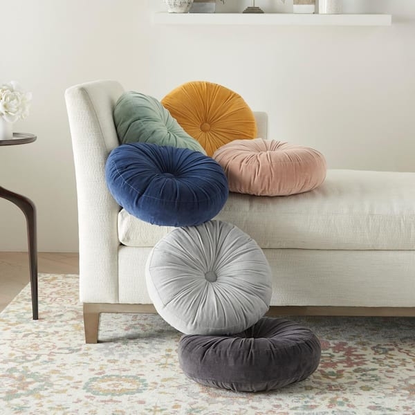 Round Ruched Velvet Throw Pillow, Light Grey Glam Accent Cushion