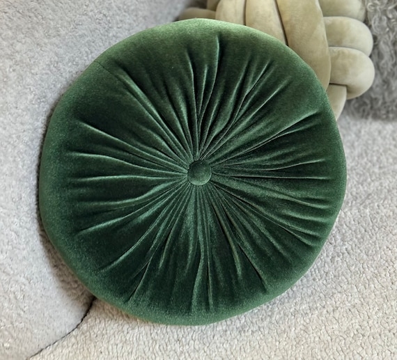 Round Sage Green Velvet Pillow, Pleated Button Tufted Cushion