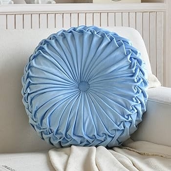 Round Sunburst Pillow, Light Blue Velvet Button Tufted Accent