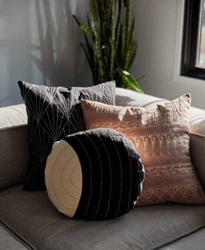 Round Throw Pillow Hand Stitched Crescent Motif Charcoal Quilted Textured