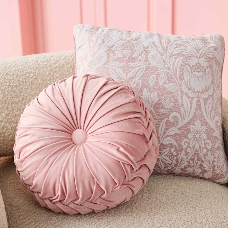 Round Throw Pillow, Sunburst Pleated Velvet, Button Tufted, Vintage Glam