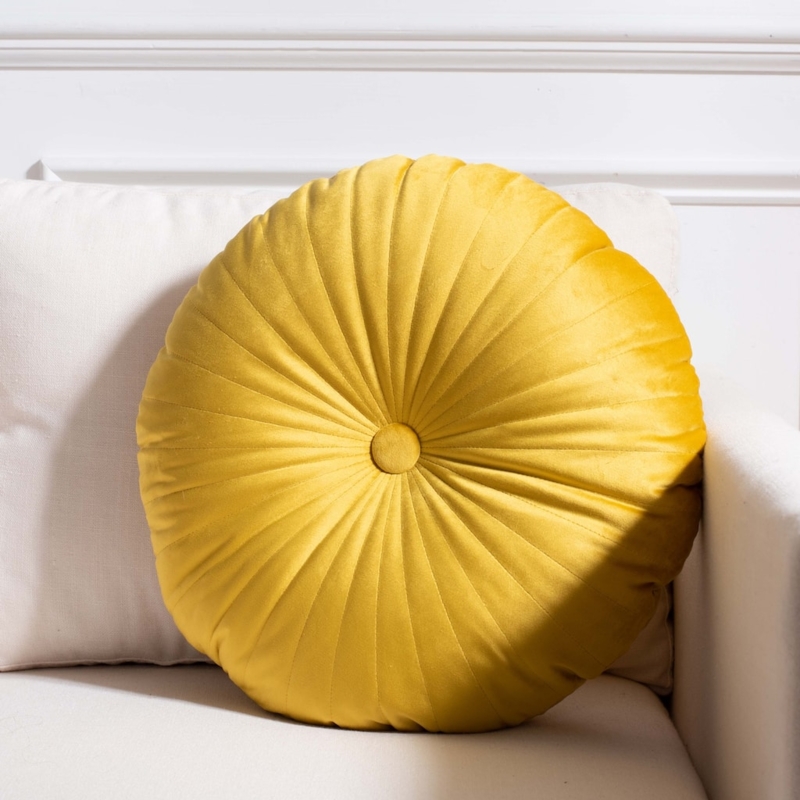 Round Throw Pillow with Radial Pleating in Lavender Velvet