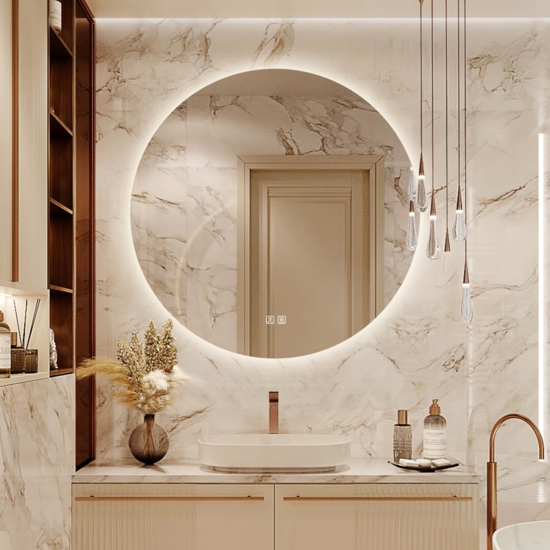 Round Vanity Mirror, Frameless LED Ring, Dimmable Touch Controls