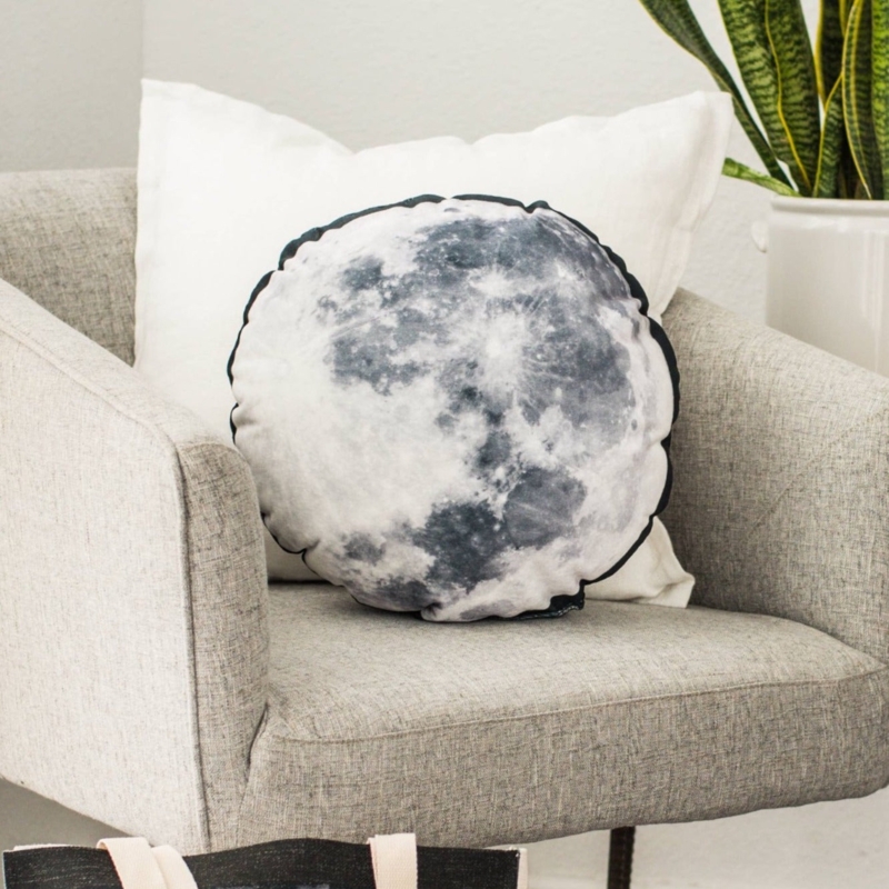 Round Velvet Moon Pillow, Realistic Gray Lunar Print Celestial Cushion