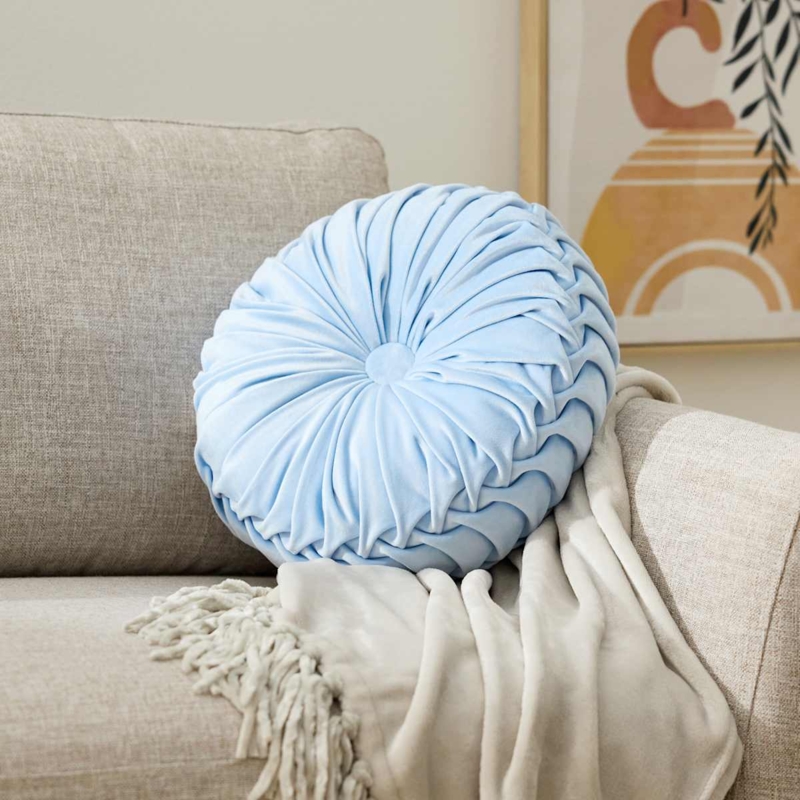 Round Velvet Pillow, Light Blue Radial Pleated Glam Cushion