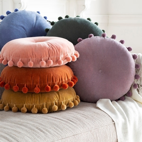 Round Velvet Pillow with Pom Poms, Rust Boho Chic Cushion