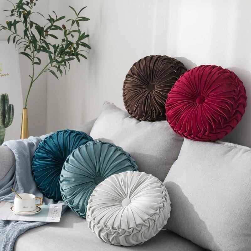Round Velvet Pleated Cushion, Light Gray Sunburst Button Tufted