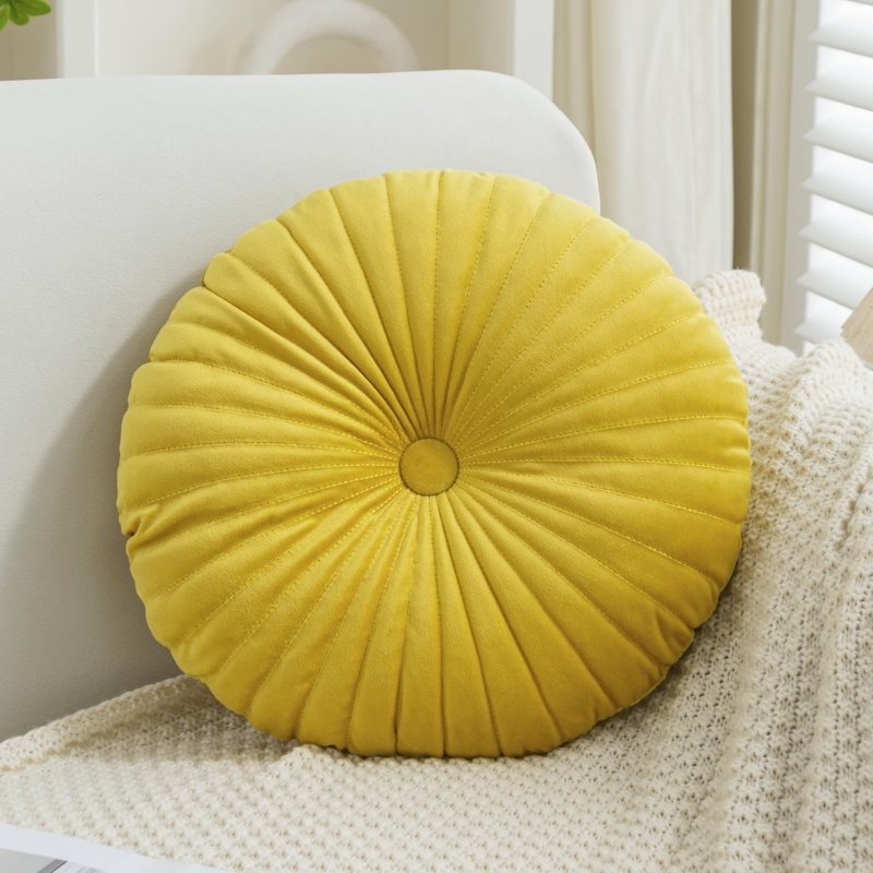 Round Velvet Pleated Pillow, Mustard Yellow Button Tufted Accent