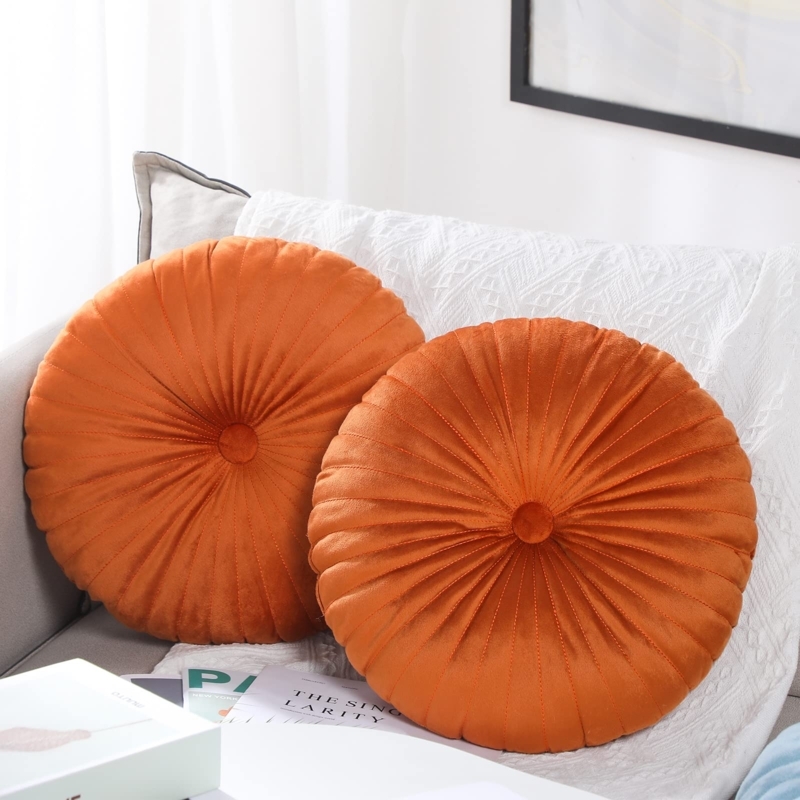 Round Velvet Pumpkin Pillows, Set of 2 Burnt Orange Boho Cushions