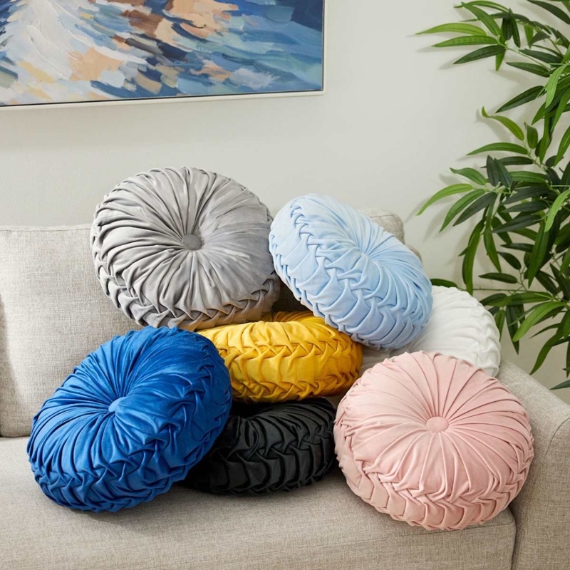 Round Velvet Sunburst Pillow, Off-White Pleated Button Tufted Cushion