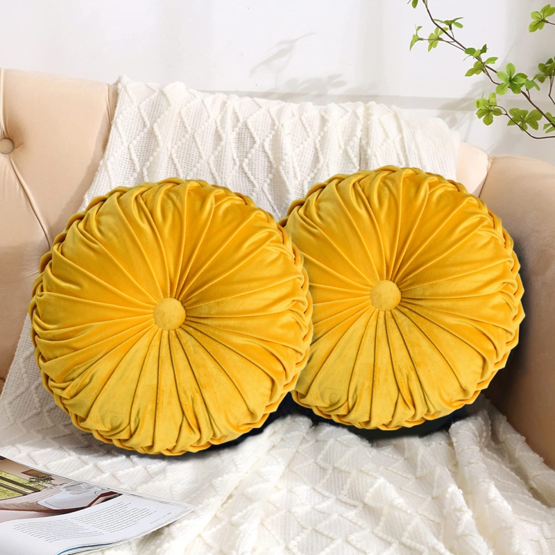 Round Velvet Sunburst Pillows, Set of 2 Mustard Yellow Cushions
