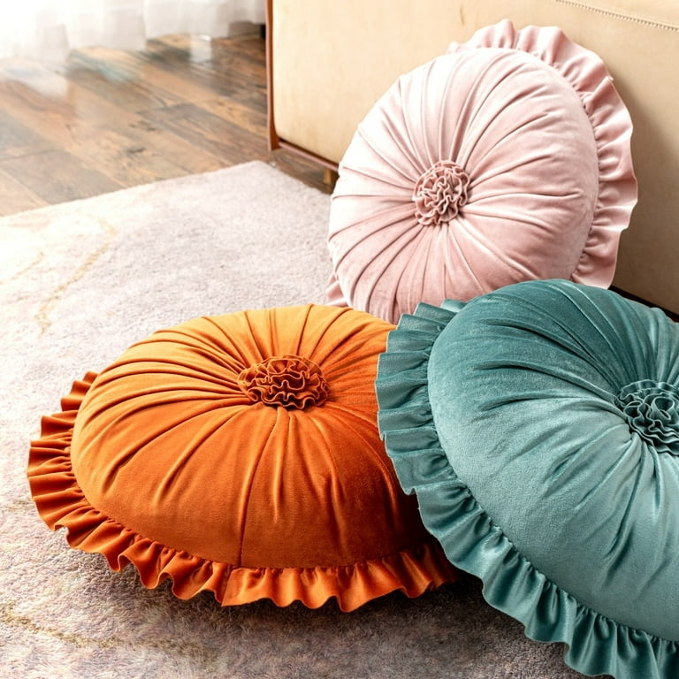 Round Velvet Throw Pillow, Teal Gray Pleated Button Tufted Accent