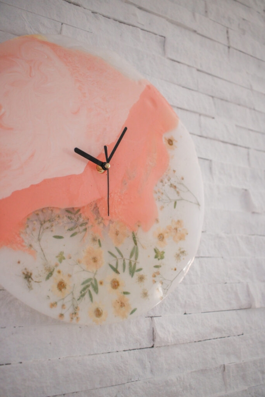 Round Wall Clock Asymmetrical Floral Accent Light Wood Cottagecore