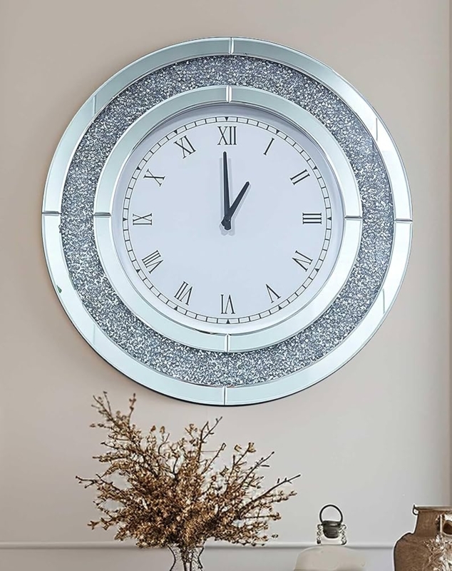 Round Wall Clock Crushed Diamond Inlay Mirrored Glam Decor