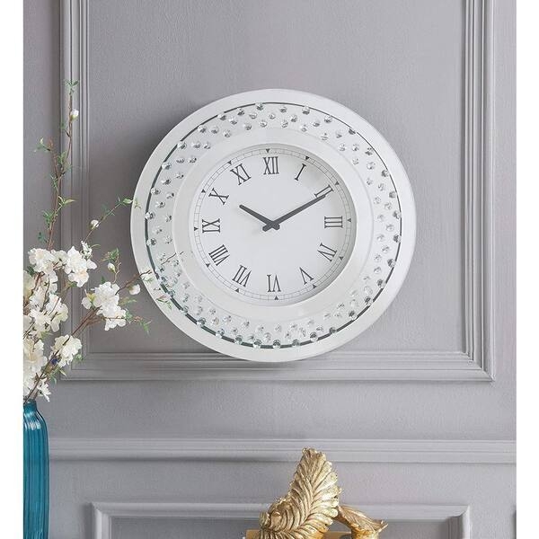 Round Wall Clock Faux Crystal Inlay Mirrored Frame White Dial