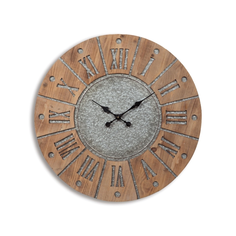 Round Wall Clock featuring Plank Face and Black Metal Frame
