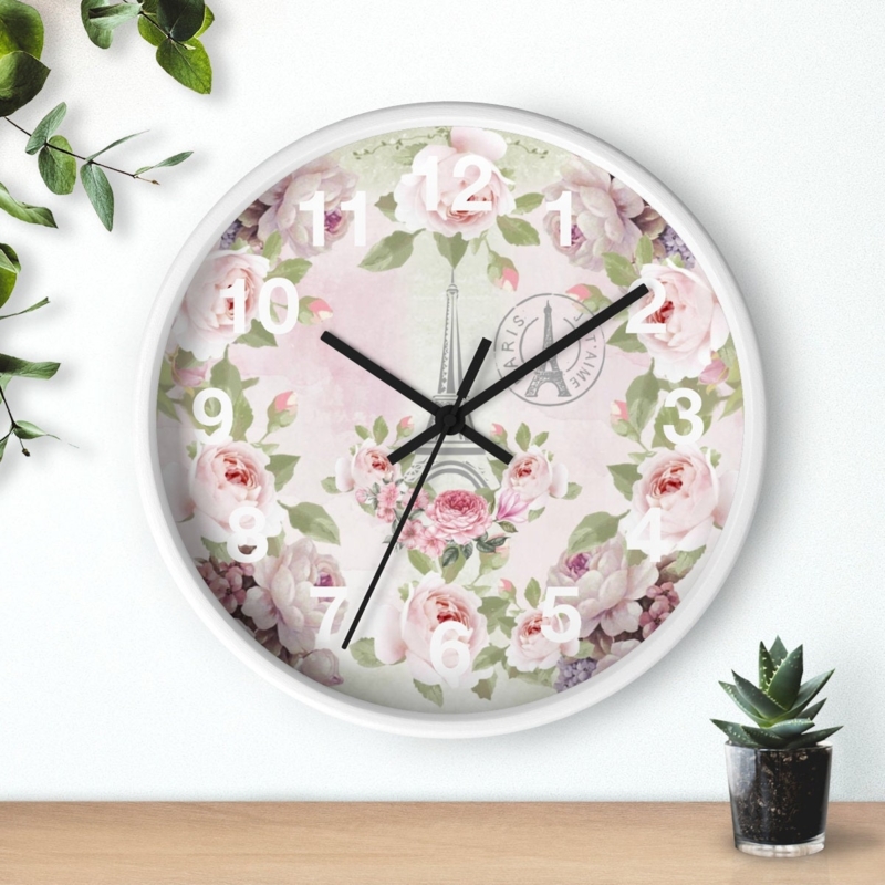 Round Wall Clock Paris Typography Pink Floral Ornate Hands Decor