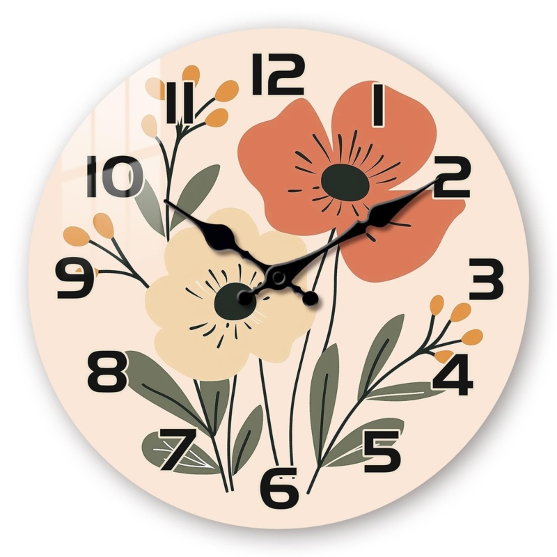 Round Wall Clock Vibrant Floral Pattern Gold Hands Boho Decor