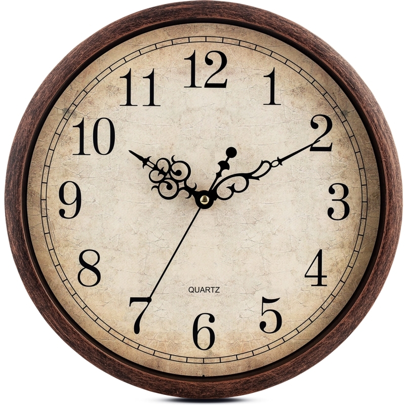 Round Wall Clock Vintage Wood Grain Frame Red Second Hand Large Numerals
