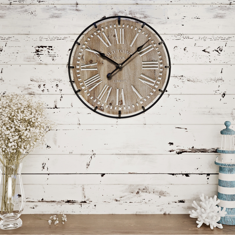 Round Wall Clock with Wood Grain Texture and Oversized Numerals