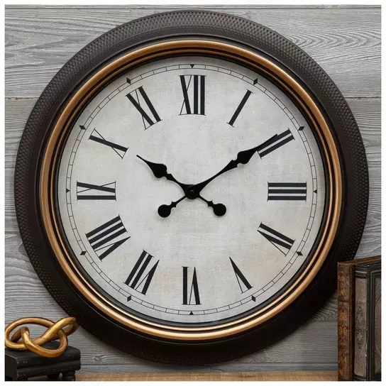 Round Wall Clock Wood Rim Bronze Roman Numerals Open Back Traditional