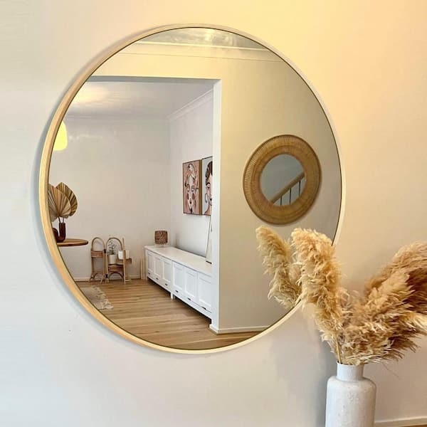 Round Wall Mirror 36 Inch Ultra Slim Frame Boho Minimalist Style