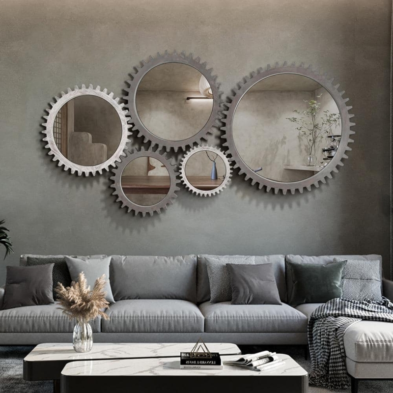 Round Wall Mirror, Antique White Gear Frame, Industrial Rustic Style