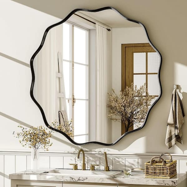 Round Wall Mirror, Deep Box Frame with Decorative Beaded Border Black