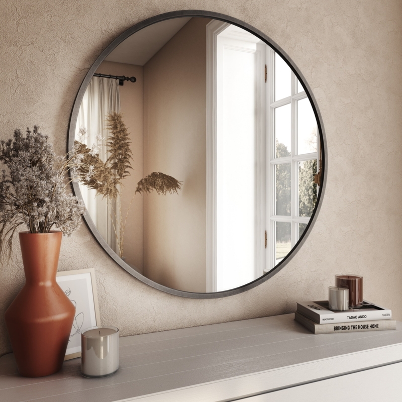 Round Wall Mirror, Distressed Gray Open Work Geometric Lattice Frame