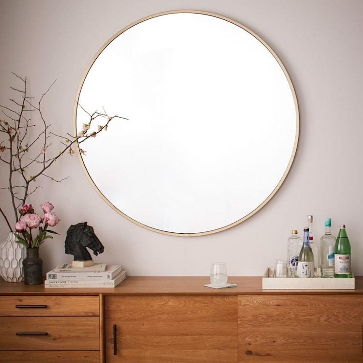 Round Wall Mirror Oversized Circular serene japandi bedroom style thin frame.