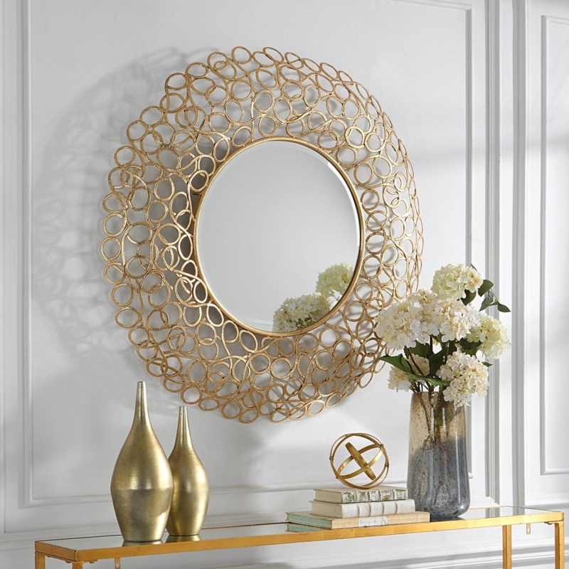 Round Wall Mirror, Sculptural Gold Swirl Design, Overlapping Layers