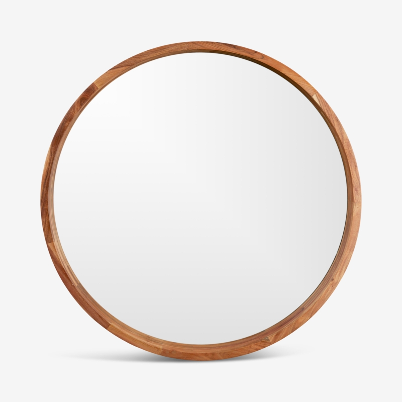 Round Wall Mirror, Segmented Warm Wood Frame with Recessed Glass