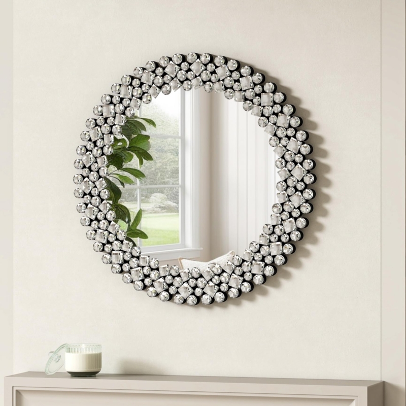 Round Wall Mirror, Silver Jeweled Frame, Crushed Crystal Look