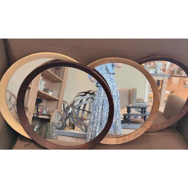 Round Wall Mirror, Thick Natural Wood Frame, Modern Organic Styling