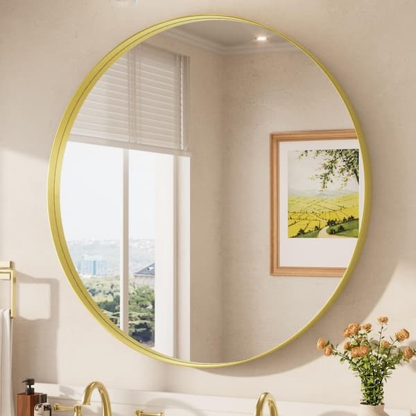 Round Wall Mirror Thin Brass Gold Finish Large Scale Bathroom