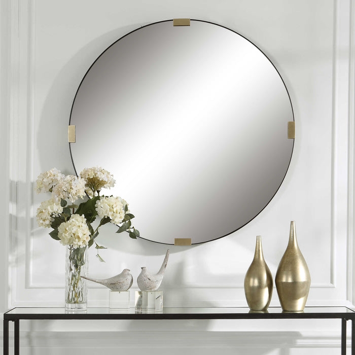 Round Wall Mirror, Two-Tone Gold & Black Frame, Cutout Detail