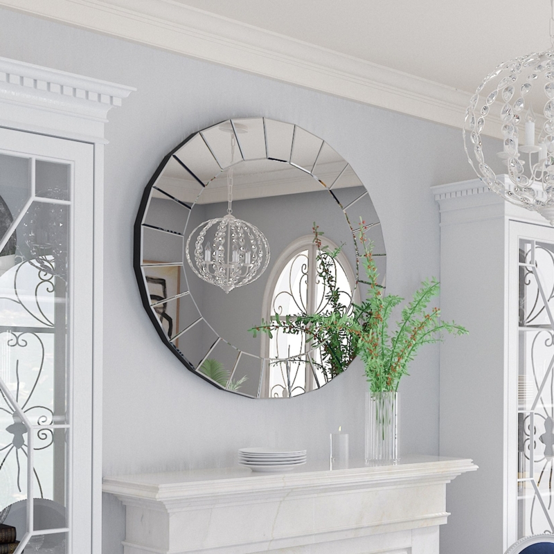 Round Wall Mirror, Venetian Style, Etched Glass Floral Frame