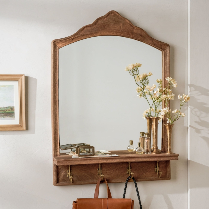 Round Warm Wood Wall Mirror with Integrated Shelf and Three Hooks