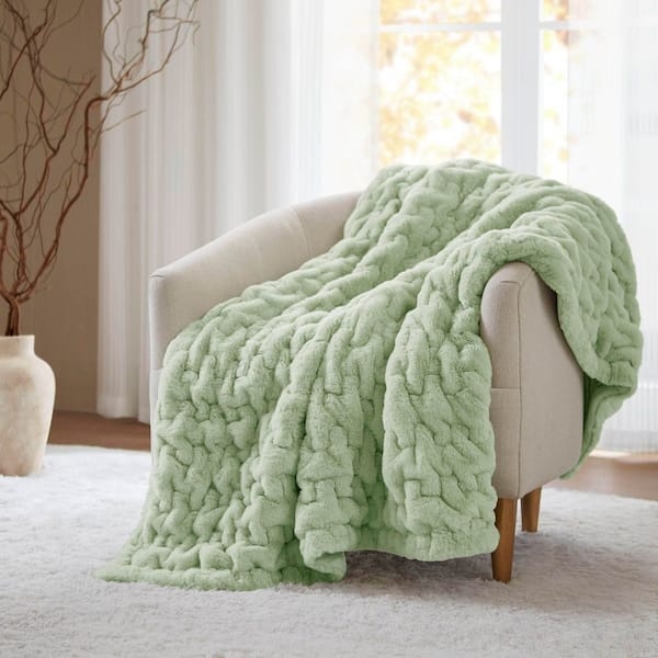 Ruched Faux Fur Throw Blanket, Sage Green, Plush and Soft (57 chars)