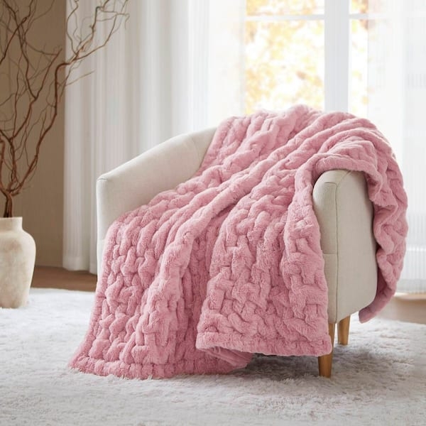 Ruched Fur Throw Blanket, Blush Pink Plush. Pink Ruched Fur Throw Blanket