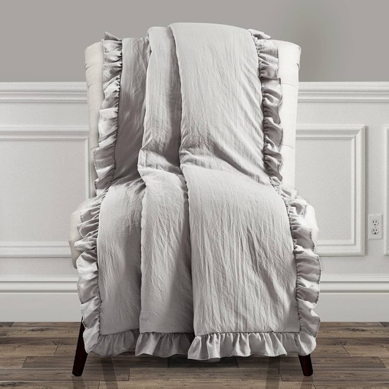 Ruffled Border Throw Blanket, Light Gray