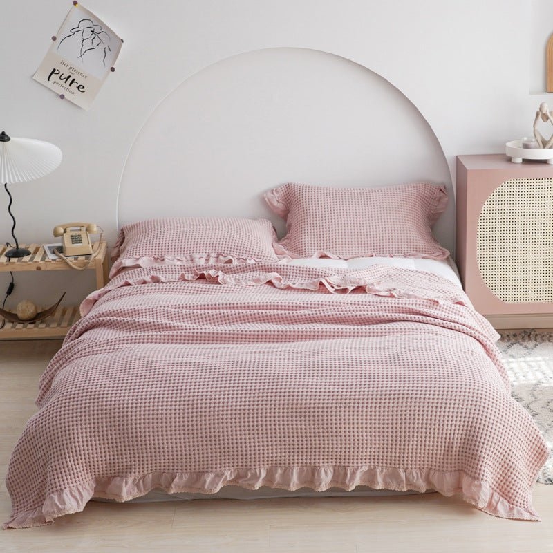 Ruffled Border Throw Blanket, Waffle Weave. Pink Ruffled Waffle Weave