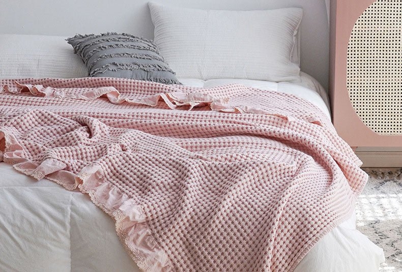 Ruffled Edge Throw Blanket, Waffle Weave. Pink Waffle Weave Throw Blanket