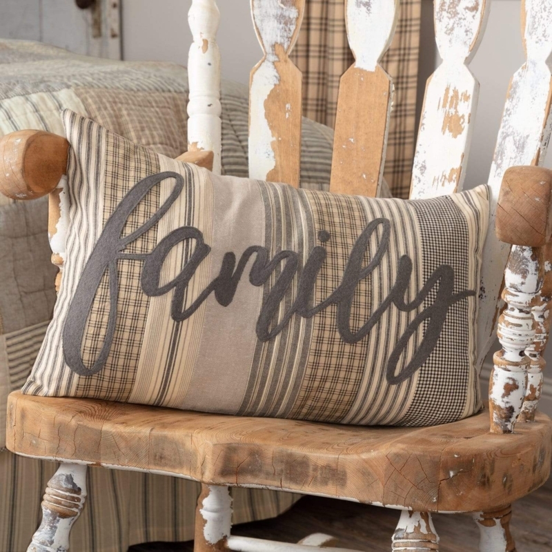Ruffled Gingham Throw Pillow with Stenciled Family Text