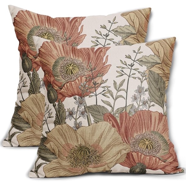 Rust Botanical Throw Pillow Covers on Linen-Like Woven Fabric