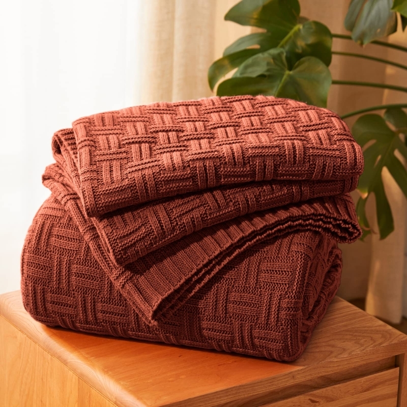 Rust Cable Knit Throw Blanket, Cozy Living Room Styling