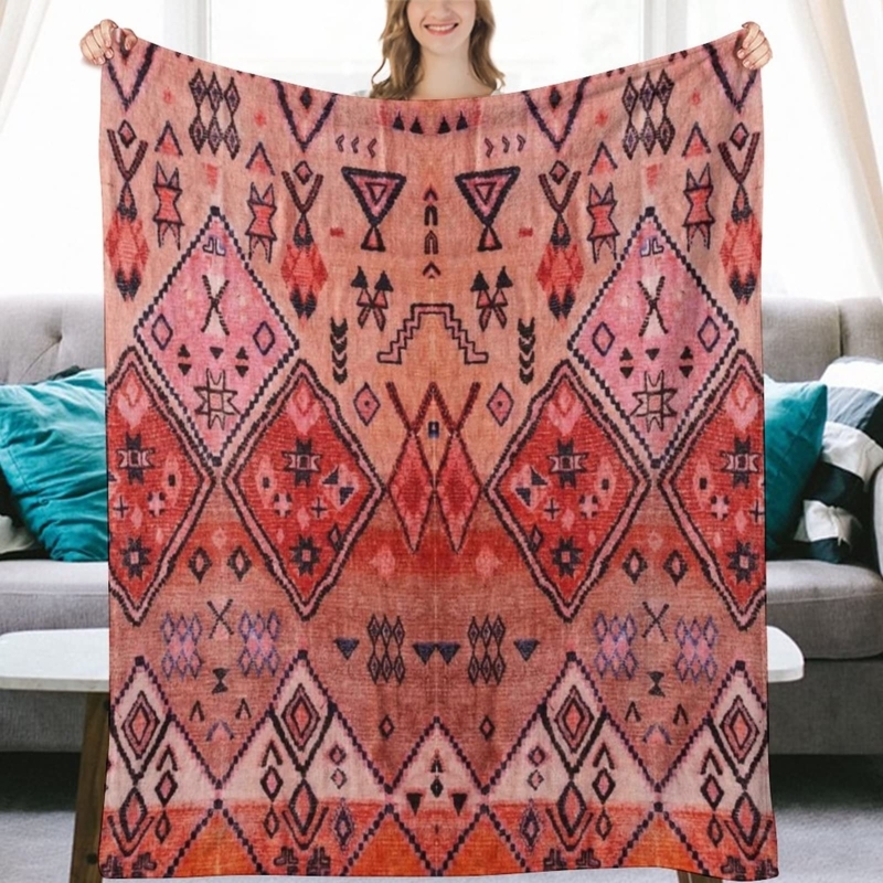 Rust Orange Throw Blanket with Plush Oriental Medallion Pattern Fleece