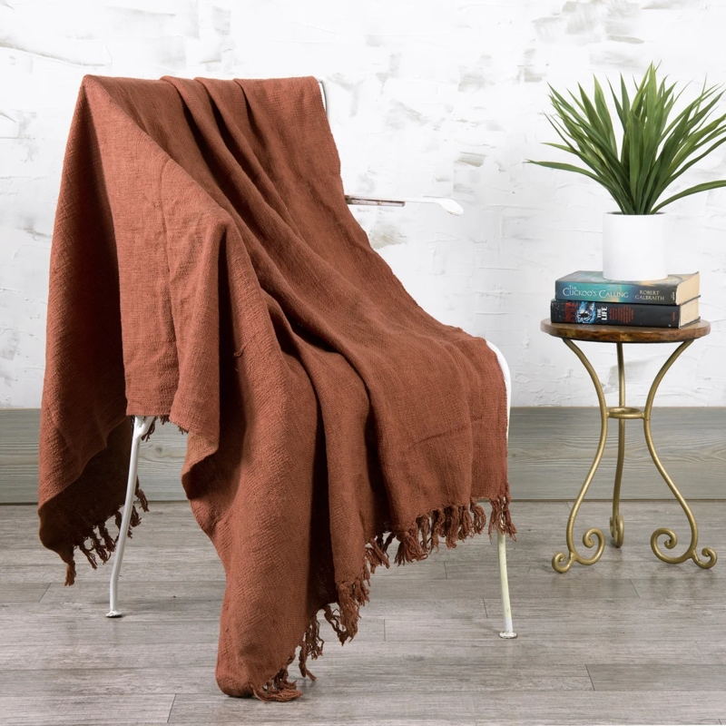 Rust Throw Blanket Woven Diamond Pattern Tassel Fringe Bohemian