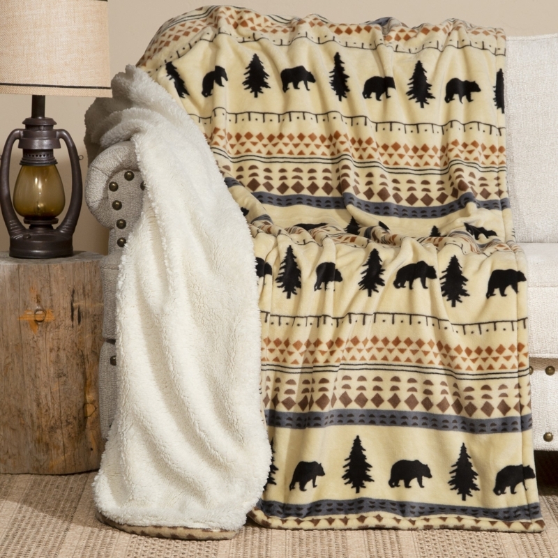 Rustic Bear Pattern Throw Blanket, Sherpa Lined Lodge Decor