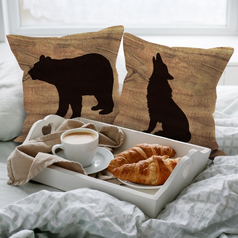Rustic Cabin Throw Pillow Covers with Forest Animal Silhouettes